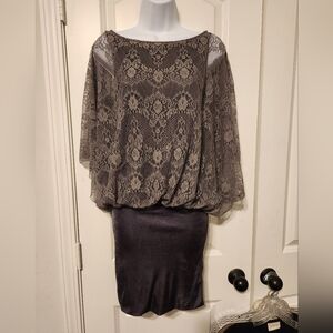 Eggplant lace/satin cape overlay cocktail dress